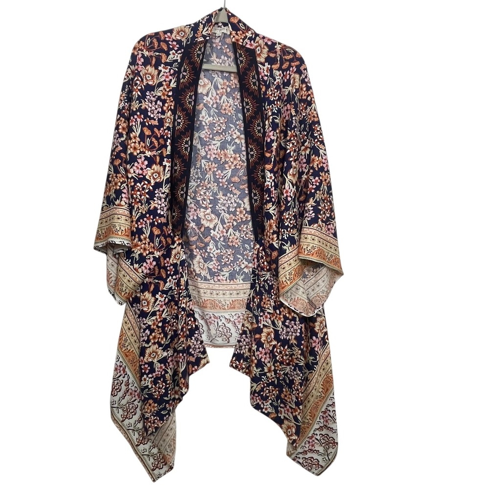 Umgee 1XL/2XL Navy Floral Rayon Kimono‎ Duster Embroidered Trim